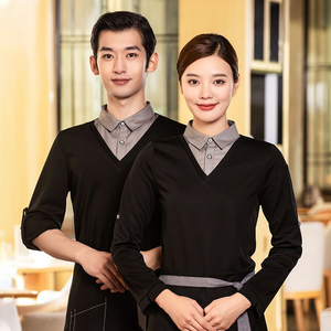 Camicia uniforme del personale del ristorante in poliestere Spandex del personale dell'hotel con Logo personalizzato per <span class=keywords><strong>Bar</strong></span> e caffè cameriera uniforme per camerieri - Product Image 2