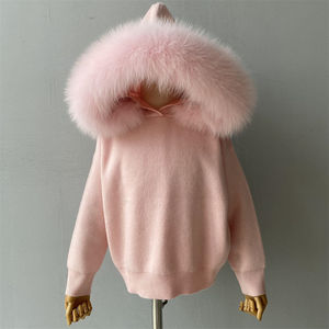 Traje de lujo para niños con cuello de piel auténtica con capucha pantalones 2 uds conjuntos Jogger ropa chándal invierno personalizado suave lana tejido bebé suéter conjunto - Product Image 2