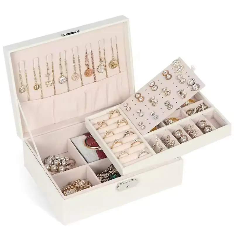 Caja organizadora de joyas de terciopelo, caja de almacenamiento de joyas de cuero Pu de 2 capas con candado, soporte para pendientes, bandeja de anillo para collar, pulsera