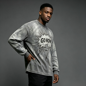 T-shirt <span class=keywords><strong>a</strong></span> maniche lunghe streetwear con stampa DTG Kornit, effetto vintage slavato e consumato, pesante, con grafica Go Now - Product Image 1