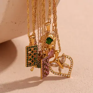 Collier pendentif gland Zircon coloré ensemble coeur papillon plaqué or bijoux collier en acier inoxydable