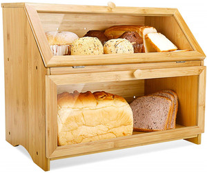 Extra Large Double Compartment Kitchen Countertop bamboo Bread Box with Clear Window