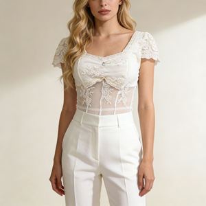 Blusa de Mujer Estilo Francés con Cuello Cuadrado, Manga Corta, Volantes, Transpirable, Elegante, Informal, para Fiesta, Verano, Camiseta Transparente para Dama - Product Image 6