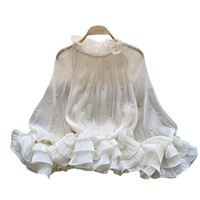 Chemisier à volants et fleurs 3D style français, coupe ample, manches longues et lanternes, pour femme, été, effet rajeunissant