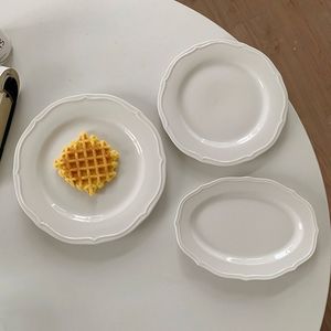 Cao vẻ đẹp Pháp cổ điển cứu trợ ren trắng gốm hình bầu dục ăn uống tấm phương Tây Vòng ăn uống tấm tráng miệng - Product Image 1