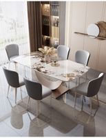 Table à manger rectangulaire de style restaurant, chaises en ardoise, design moderne minimaliste, luxe, pieds en fer brillant, table à manger 6 places