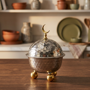 Élégante sucrière en métal martelé argenté avec finition lune croissante dorée et pieds décoratifs pour la table de réception de l'hôtellerie arabe - Product Image 6