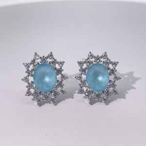 Tianyu Gems Classic Luxury Women's <b>Stud</b> <b>Earrings</b> in Brass Gold Plating Featuring Oval Sea-<b>Blue</b> Zircon Geometric Design - Product Image 3