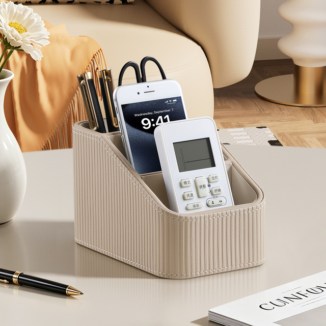 Minimalist Beige Ribbed PU Leather Remote Control Holder with 3 Slots for Desktop Stationery and Phone Stepped Organizer Box