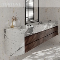 Meuble-lavabo en marbre naturel 100% Tostone, finition polie, aspect sans joint, couleur blanc flocon de neige, pour salle de bain moderne de villa