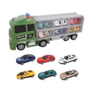 Großhandel heißer Verkauf Druckguss Fahrzeug Spielzeug Militär Traktor LKW Modell mit 6 Stück Rennwagen Spielzeug Set mit Musik Lichter