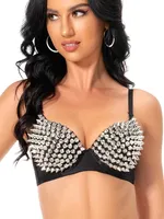 Soutien-gorge sexy pour femmes, style punk, performance de danse, argenté, doré, métallique, clouté, à bretelles, push-up, haut de clubwear