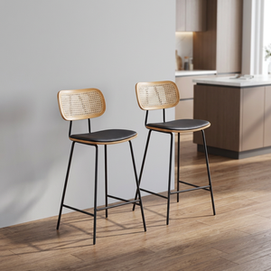 Sillas de Barra Modernas Ajustables para Uso Comercial, con Respaldo de Ratán y Material PU, para Sala de Estar, Cafetería, Cocina, Isla, Acero Inoxidable - Product Image 4