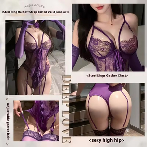 Hot Verkopende Sexy Kanten Taille Jumpsuit Effen Patroon Stalen Ringband Lingerie Gebreide Nylon Gemiddelde Dikte Gemaakt In <span class=keywords><strong>China</strong></span> - Product Image 2