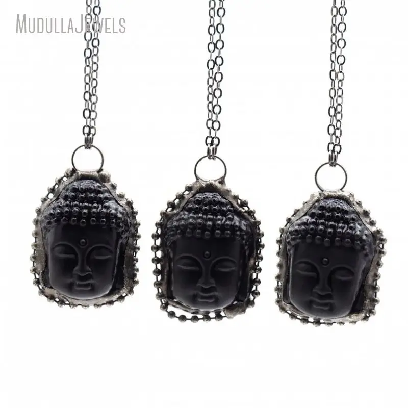 NM49694 Gelötter Schmuck schwarz Glas Kristall Buddha-Kopf Anhänger-Kette Halskette Revolvermetall Revolverplattiert religiöses buddhistisches Geschenk