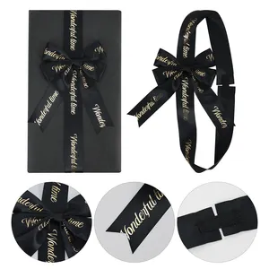 High Quality Custom Printed Box Decoration Pre-tied Elastic Satin Black Ribbon Bow With Logo For Gift Box