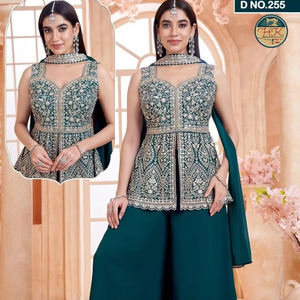 Ensemble Kurti Palazzo Dupatta brodé vert pour femmes, tenue de soirée ethnique de créateur - Product Image 2