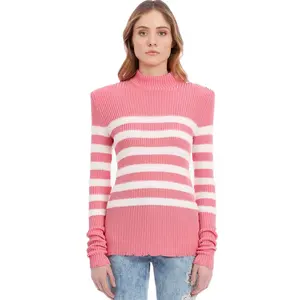 Bottoni dorati personalizzati da <span class=keywords><strong>donna</strong></span> decorati con maglione lavorato a <span class=keywords><strong>maglia</strong></span> a righe bianche e rosa - Product Image 1