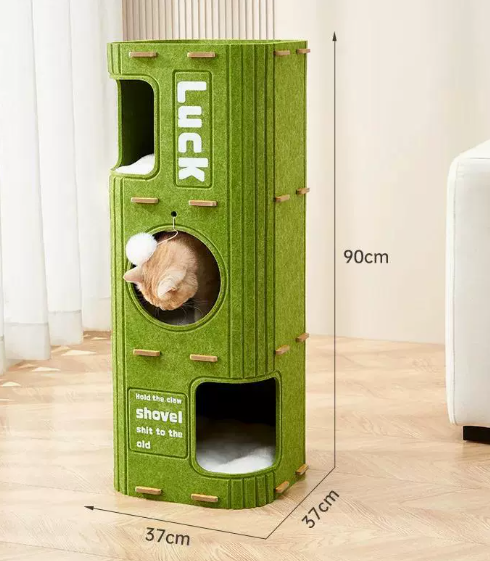 กล่องแมวทรงสี่เหลี่ยมสีเขียว 3 ชั้น [ไม่มีแผ่นรอง]