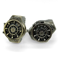 Reloj de Anillo de Lujo con Tapa Abatible, Reloj de Dedo Redondo de Aleación, Reloj de Cuarzo con Diseño de Timón de Crucero, Anillo de Acero Inoxidable con Banda Elástica, Regalo Unisex