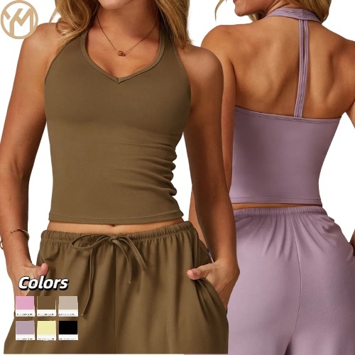 Yimo Women Sanded V Neck Sleeveless Golf Shirt Female Beauty Back Gather Yoga Top Lady Halter Shockproof Running Vest