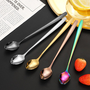 Cuillère à café à long manche en acier inoxydable, agitateur de dessert réutilisable, couleur unie, forme ronde, pour mélanger le thé, le lait et les boissons - Product Image 1