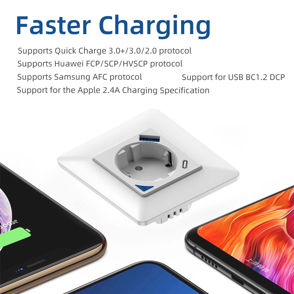 RSH WIFI Wireless Smart Electric 16A Outlet Socket Tuya 20W with USB Type C Wifi smart EU inwall wall socket plug