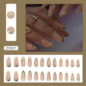 24 Uñas Postizas 3D Doradas, Medianas, Largas, Almendradas, Estilo Armadura, <span class=keywords><strong>con</strong></span> Perlas, Uñas a Presión - Product Image 1