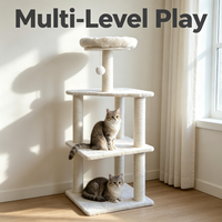 Arbre à chat avec lits en peluche, structure à trois niveaux, poteaux à gratter en sisal, nid de repos rond et jouet suspendu