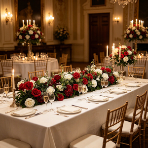 Camino de Mesa Floral con Rosas Rojas y Hortensias, Fondo de Plantas de Seda, Flores Artificiales para Decoración de Bodas - Product Image 1
