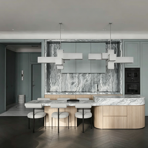 Résidence française minimaliste gris neutre avec roseau de plafond en plâtre sur mesure, cheminée en marbre, et aménagement LDK ouvert avec grandes fenêtres - Product Image 2