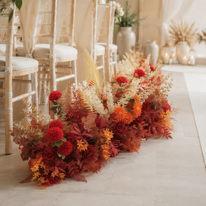 Décoration florale <span class=keywords><strong>de</strong></span> sol pour mariage, rangée <span class=keywords><strong>de</strong></span> fleurs <span class=keywords><strong>en</strong></span> soie finies, rouge et or, pour allée centrale - Product Image 6