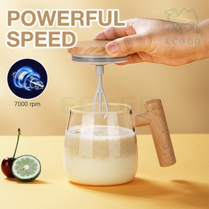 <b>Portable</b> Glass Heart Button Milk Juice Custom Electric Power Mixing Cup <b>Coffee</b> Mug with Wooden Handle - Product Image 1