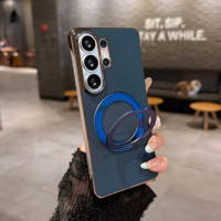 Étui de luxe électroplaqué sans cadre pour Samsung Galaxy S26 Ultra S25 S24 avec support magnétique rotatif à 360° en cuir technologique