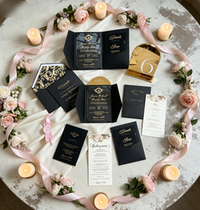 Suite d'invitations de mariage de luxe en papier coton texturé noir et or, avec menu, ruban de table, sceau de cire et impression personnalisée à feuille d'or - Product Image 1