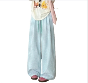 Pantalon droit décontracté d'été pour femme, à motif écossais texturé, taille mi-haute, coupe ample et fluide, style large et décontracté, effet dopamine - Product Image 2