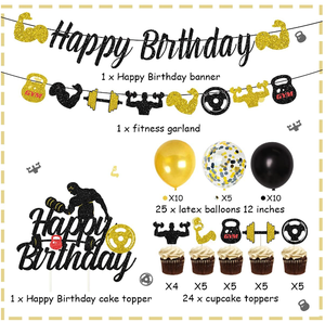 Kit de fournitures pour fête d'anniversaire sur le thème <span class=keywords><strong>du</strong></span> fitness : Bannières, drapeaux, guirlande, décoration de gâteau, décorations de cupcakes sur le thème de la <span class=keywords><strong>gym</strong></span> et de l'exercice, ballons en latex à hélium et confettis - Product Image 6