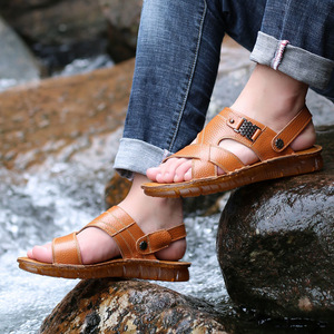 Sandales pour hommes à brides croisées en cuir véritable, première couche de cuir de vachette, semelle extérieure en caoutchouc antidérapante, bout ouvert, chaussures décontractées d'été - Product Image 2