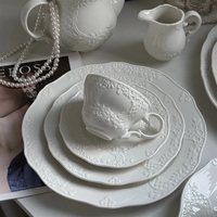 Services de table en porcelaine blanche embossée, vaisselle en relief, assiettes et plats en céramique, service à thé