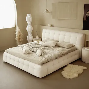 Hot Sale White Boucle Minimalist Modern Bed Frame King Size Sponge Filling Boucle Fabric Bed