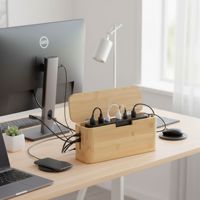 Boîte de gestion de câbles de bureau en bambou, station de charge, organisateur de câbles avec fermeture magnétique, 6 attaches et clips pour câbles