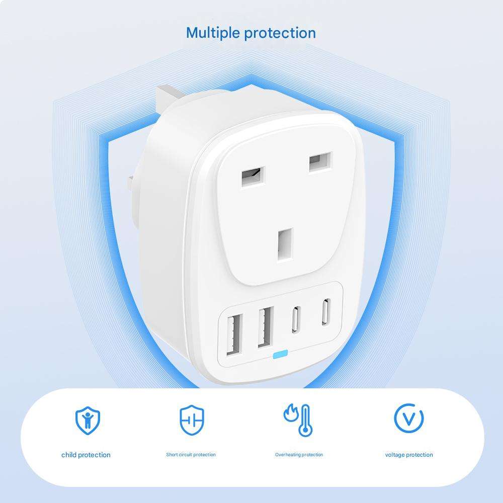 HONPNK UK to UK Plug Adapter Smart Grounded UK Travel Adapter With 2 USB-A & 2 Type C Plug Adaptor