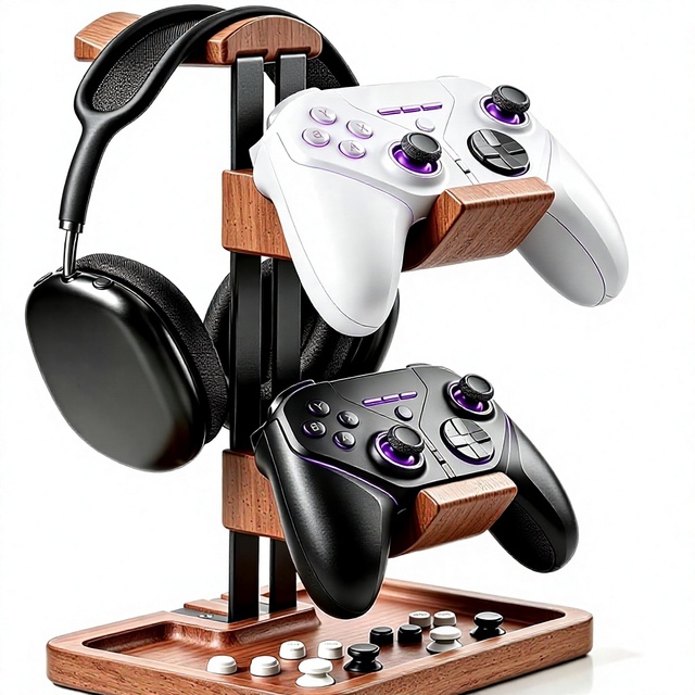Solid Wood Desktop Headphone Gaming Controller Storage Rack for Esports Headsets and Controller Mounts
