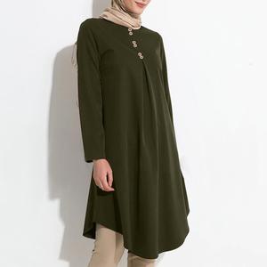 فساتين إسلامية حمراء غير متماثلة بتصميم متأرجح، قمصان طويلة، بلوزات بأكمام طويلة للنساء مع أزرار وتطريز - Product Image 4