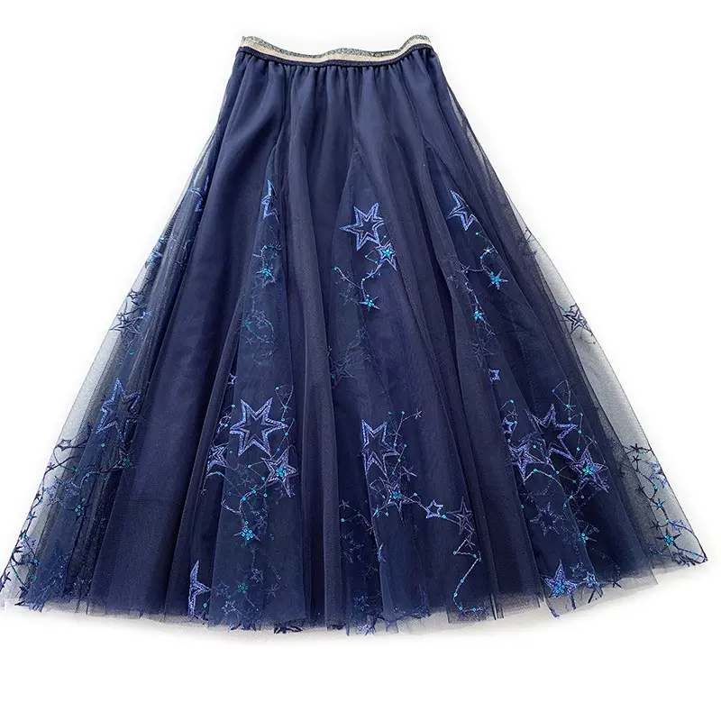 2022 New Fashion Women Lady with Lining Starry Long Skirt Dress Embroider Elastic Waist Mesh Loose Solid Color Bubble Skirt