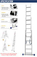 Échelle télescopique isolée en aluminium industriel pour grenier, 6 marches, capacité de charge de 150 kg, barre transversale extensible, stabilisateur externe