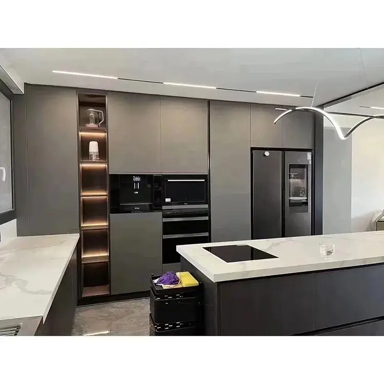 Kabinet dapur Lacquer mengkilap hitam, Set kabinet dapur lengkap desain dapur Modern dengan atasan lembut tutup 2023