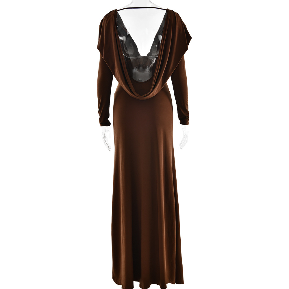 YY0027 Brown Maxi Casual Dress for Women Autumn Long Sleeve Backless Deep  V-Neck Casual Dresses| Alibaba.com