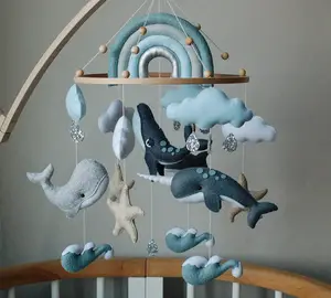 Baby shower gift idea narwhal dolphin sea ocean waves starfish hanging whale plush toy nursery baby felt mobile with rainbow