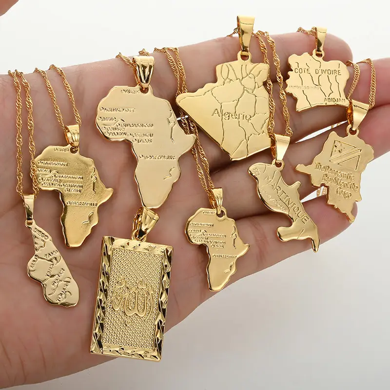 Africa Congo Algeria Map Pendant Necklace 18K Gold Plated Copper Hiphop Style jewelry Map Necklace For Women Men